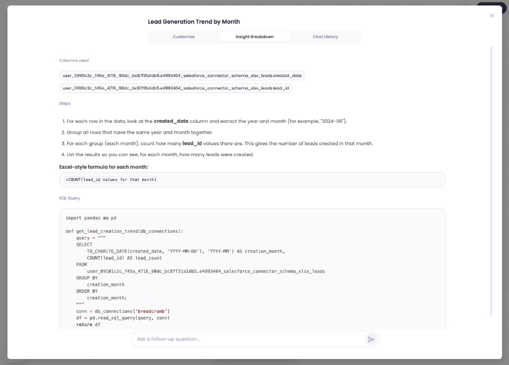 Insight breakdown showing SQL steps and columns used