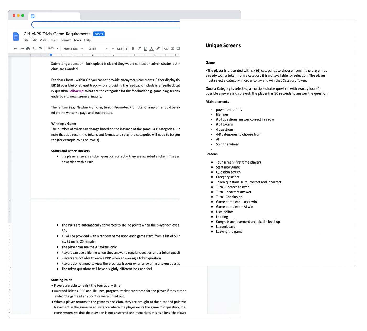 Game mechanics and requirements documentation