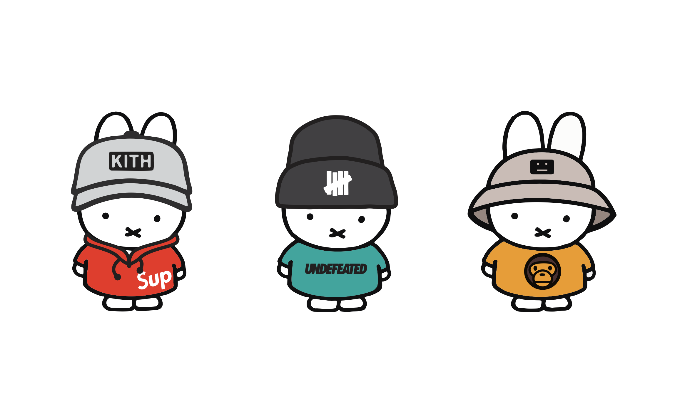 Miffy character illustrations styled in streetwear brand outfits