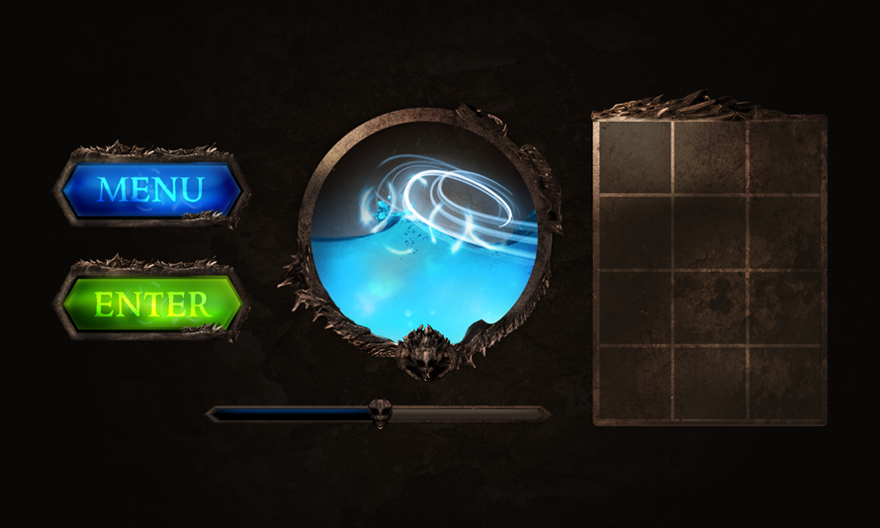 UI kit for a fantasy MMO game, including menu buttons and inventory