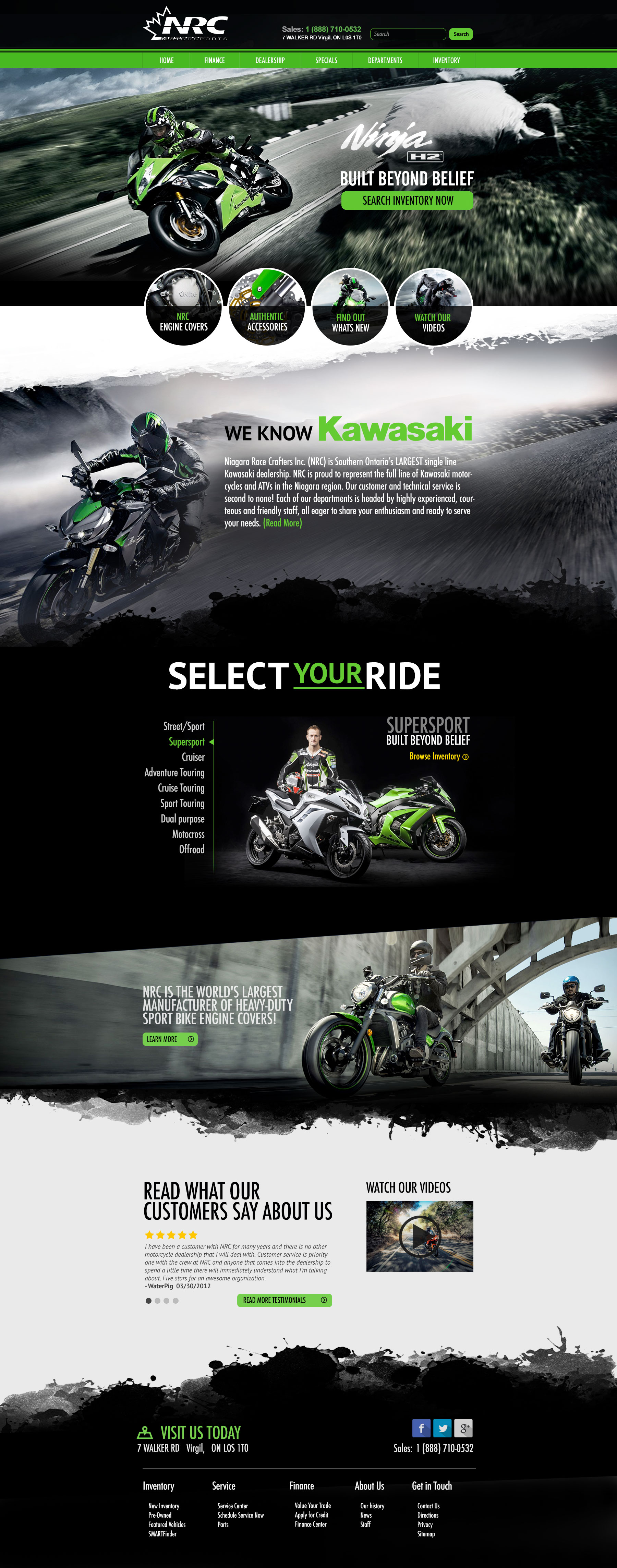 Full page website design for NRC Motorsports, a Kawasaki dealership
