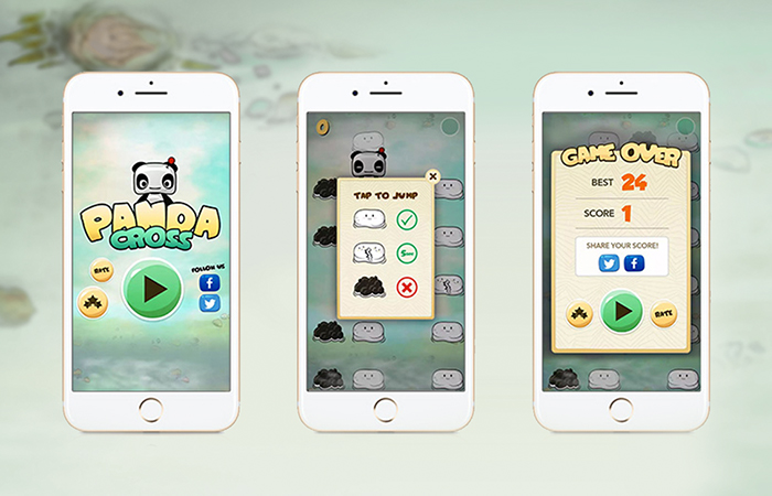 Title, gameplay, and game over screens for the Panda Cross mobile game