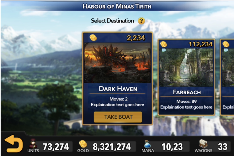Destination selection UI and HUD for a turn based RPG game