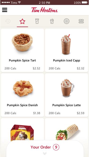 Tim Hortons mobile app screen showing pumpkin spice menu items
