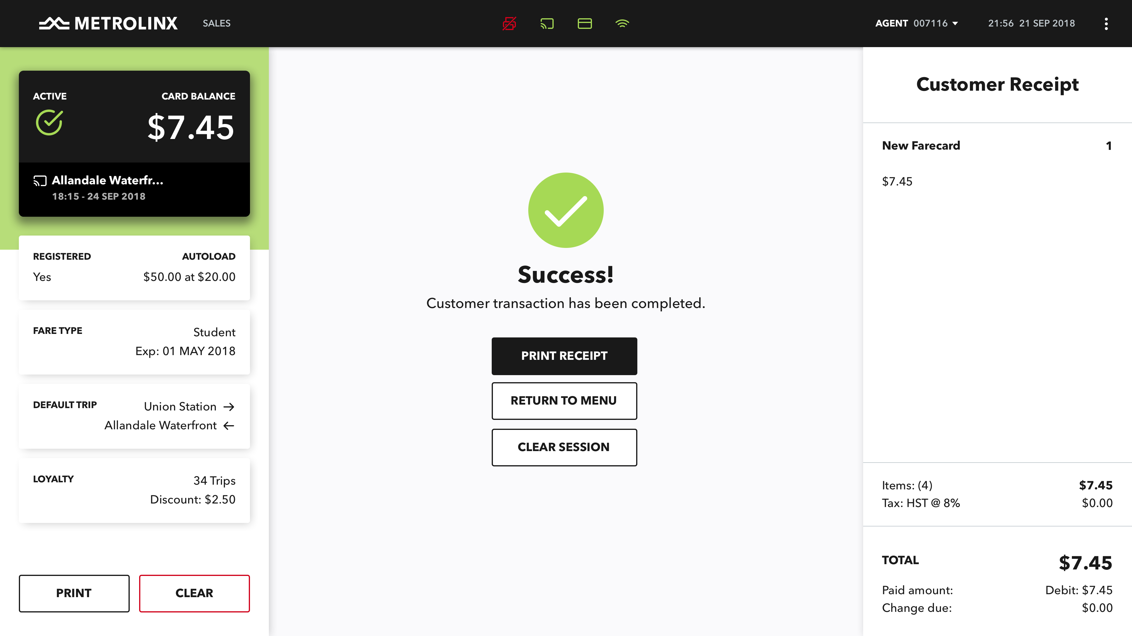 Transaction success screen